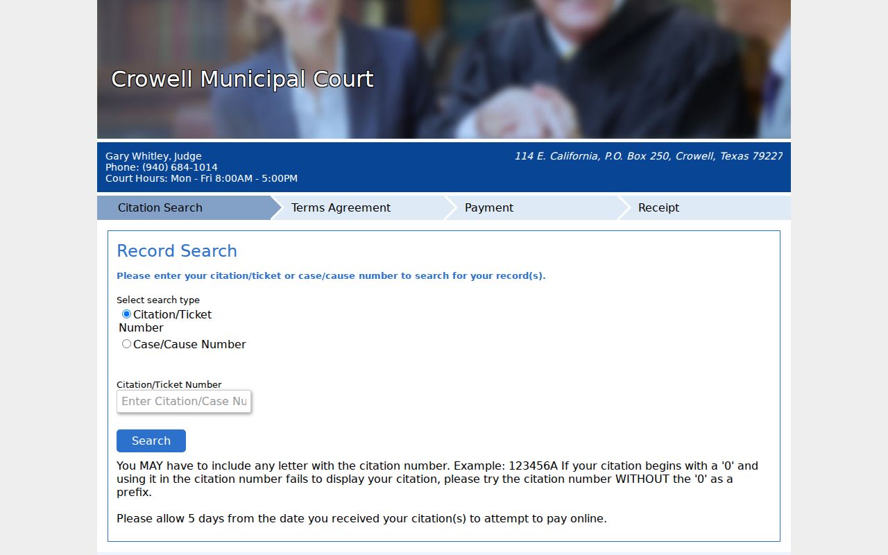 Foard County municipal warrant case lookup on the blank Crowell citation portal