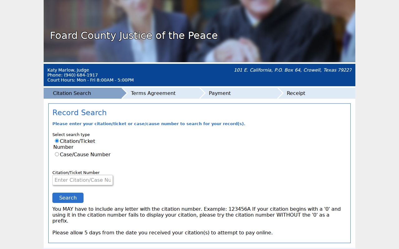Foard County traffic warrant case lookup through the blank JP citation portal