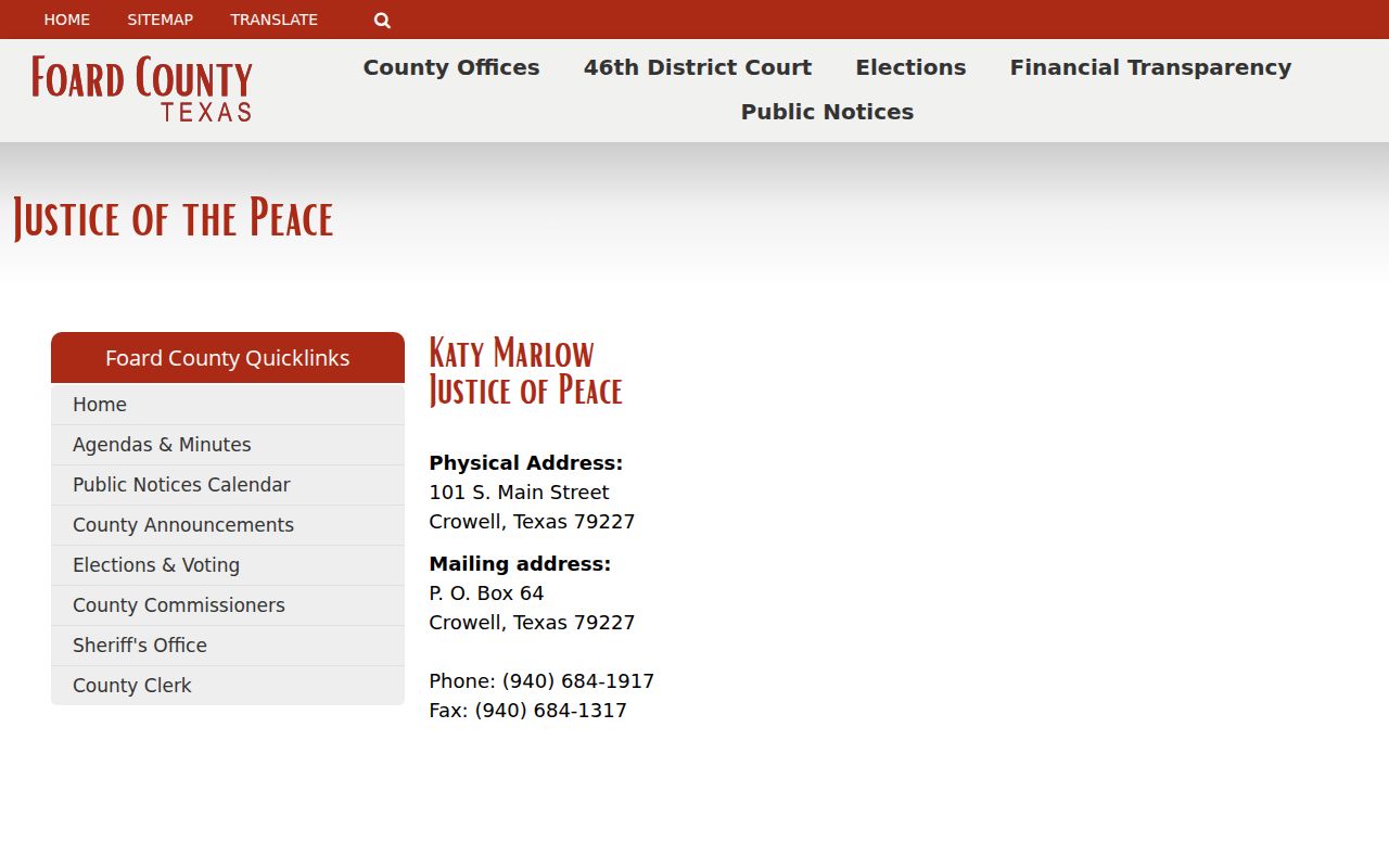 Foard County warrant and citation routing through the countywide Justice of the Peace