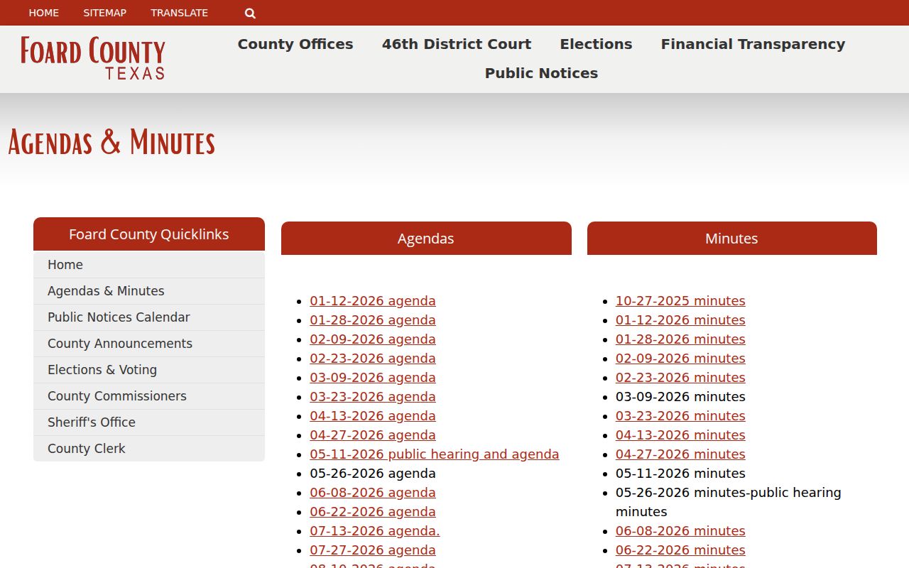 Foard County active warrant information is not listed in the public county minutes archive