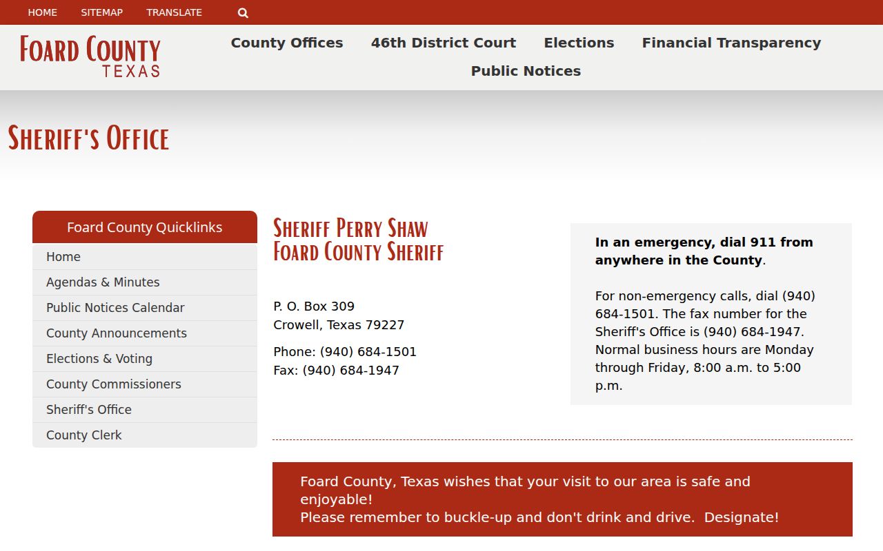 Foard County warrant inquiry contact information on the Sheriff's Office page